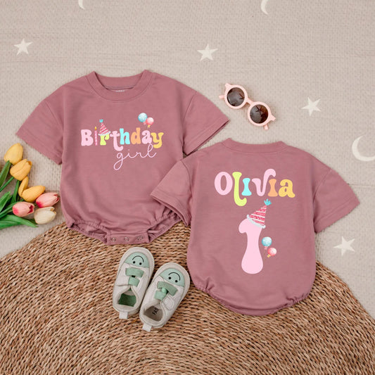 Personalized Olivia First Birthday Girl Shirt Pink Bow Cake Balloon One Year Old Party Outfit Toddler Baby Celebration Gift Cute Whimsical Tee
