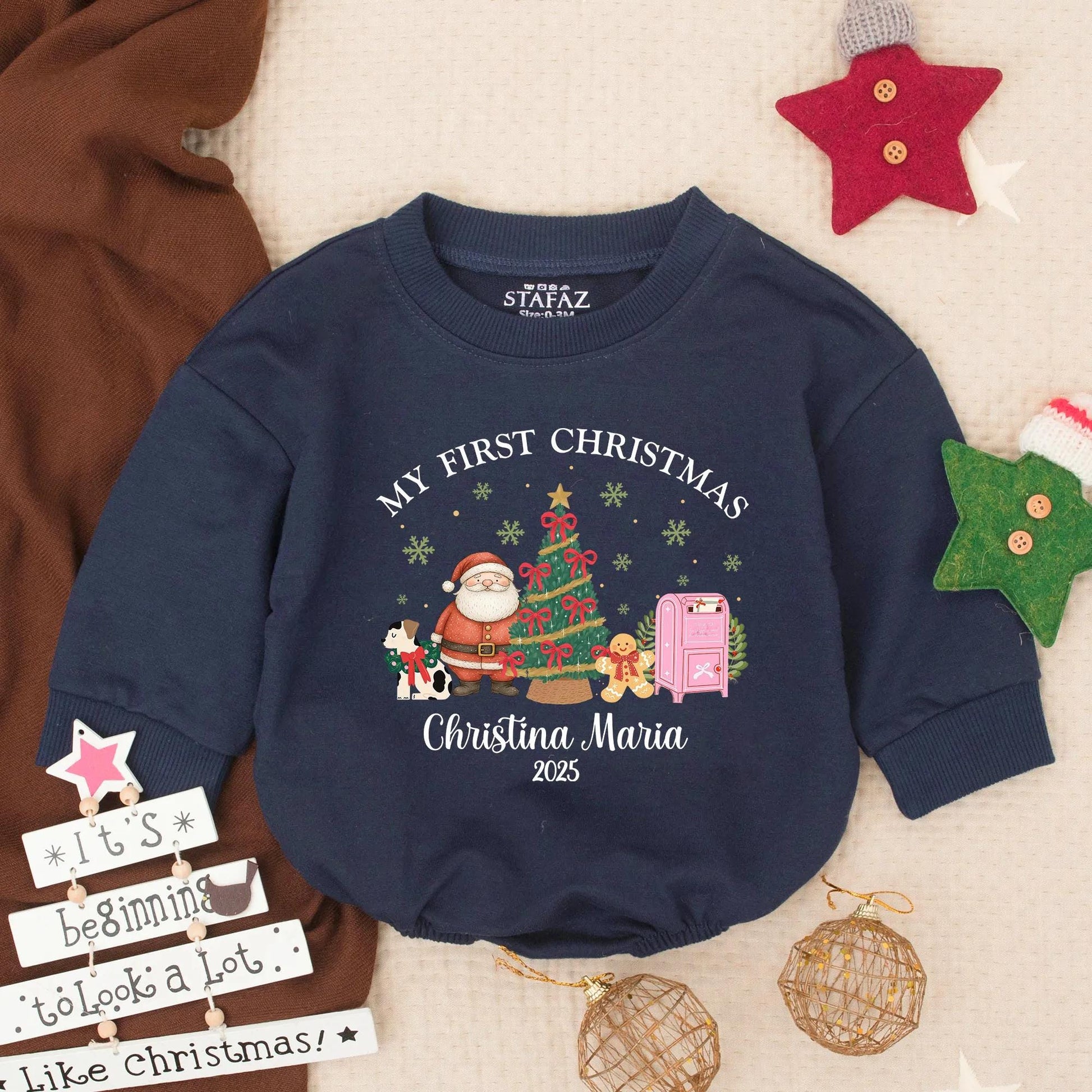 Personalized My First Christmas Baby Bubble Romper Christina Maria 2025 Festive Holiday Infant Toddler Santa Tree Gingerbread Dog Outfit