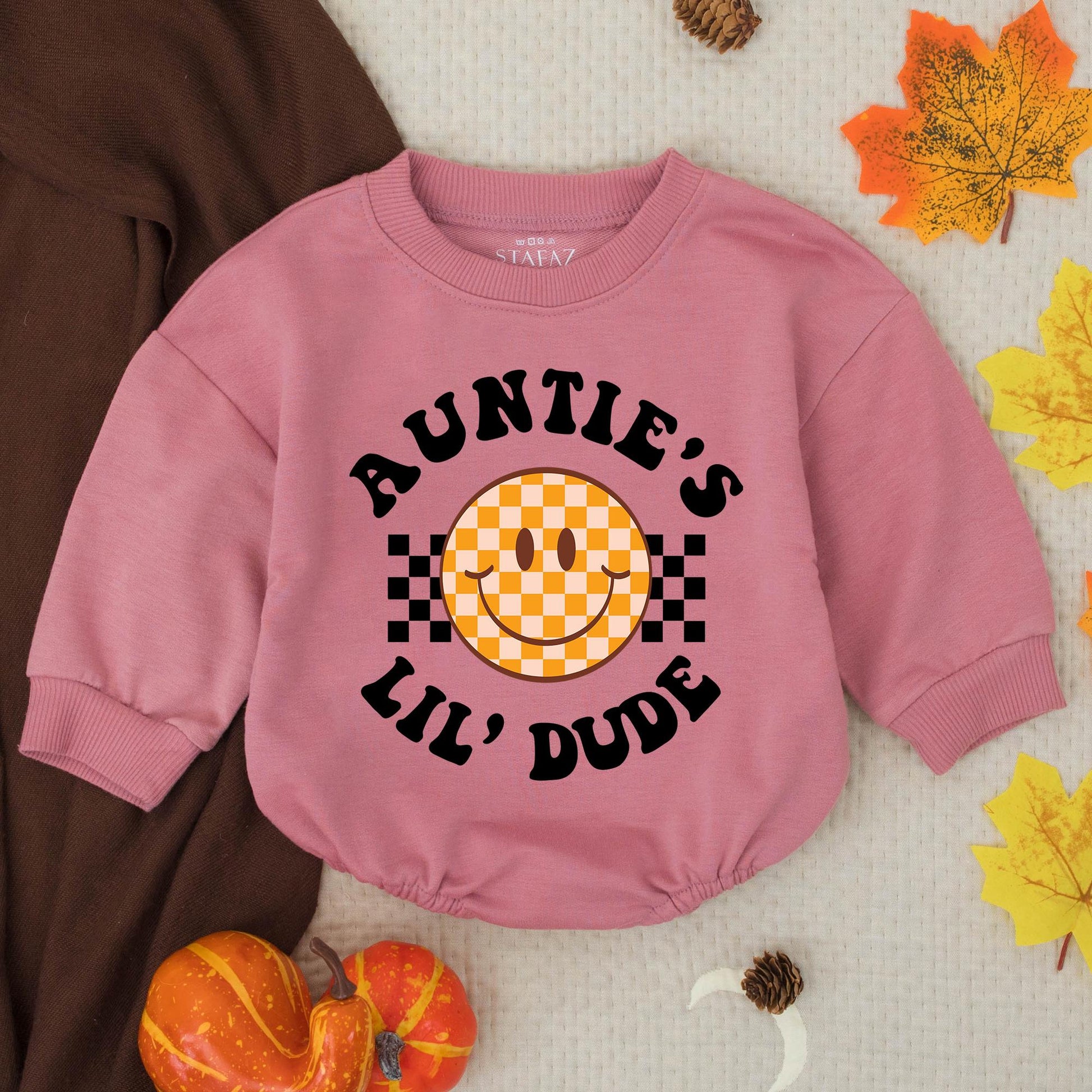 Auntie's Little Dude Bubble Romper Retro Orange Checkerboard Smiley Baby Gift Newborn Shower Outfit