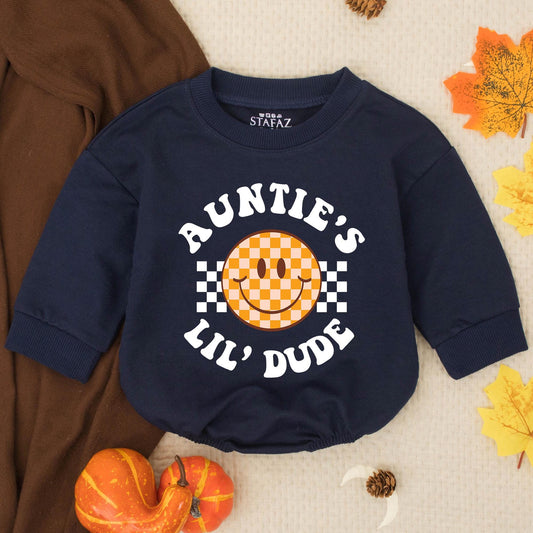 Auntie's Little Dude Bubble Romper Retro Orange Checkerboard Smiley Baby Gift Newborn Shower Outfit