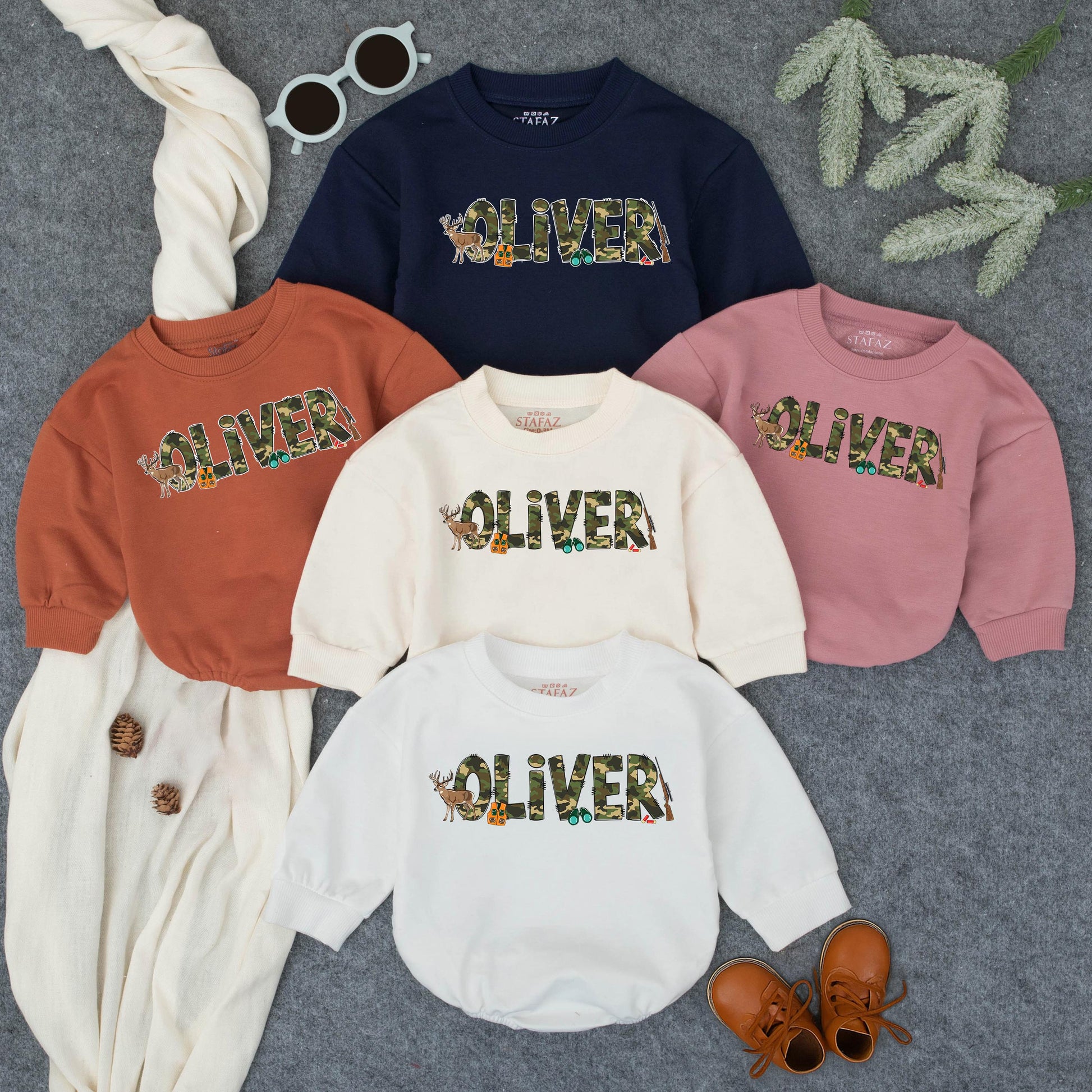 Personalized Baby Hunting Bodysuit with Green Brown Camo Name Playful Deer Rifle Graphics Toddler Romper Sweatshirt First Birthday Shower Gift
