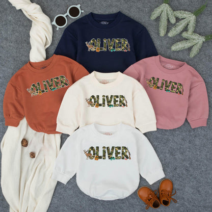 Personalized Baby Hunting Bodysuit with Green Brown Camo Name Playful Deer Rifle Graphics Toddler Romper Sweatshirt First Birthday Shower Gift