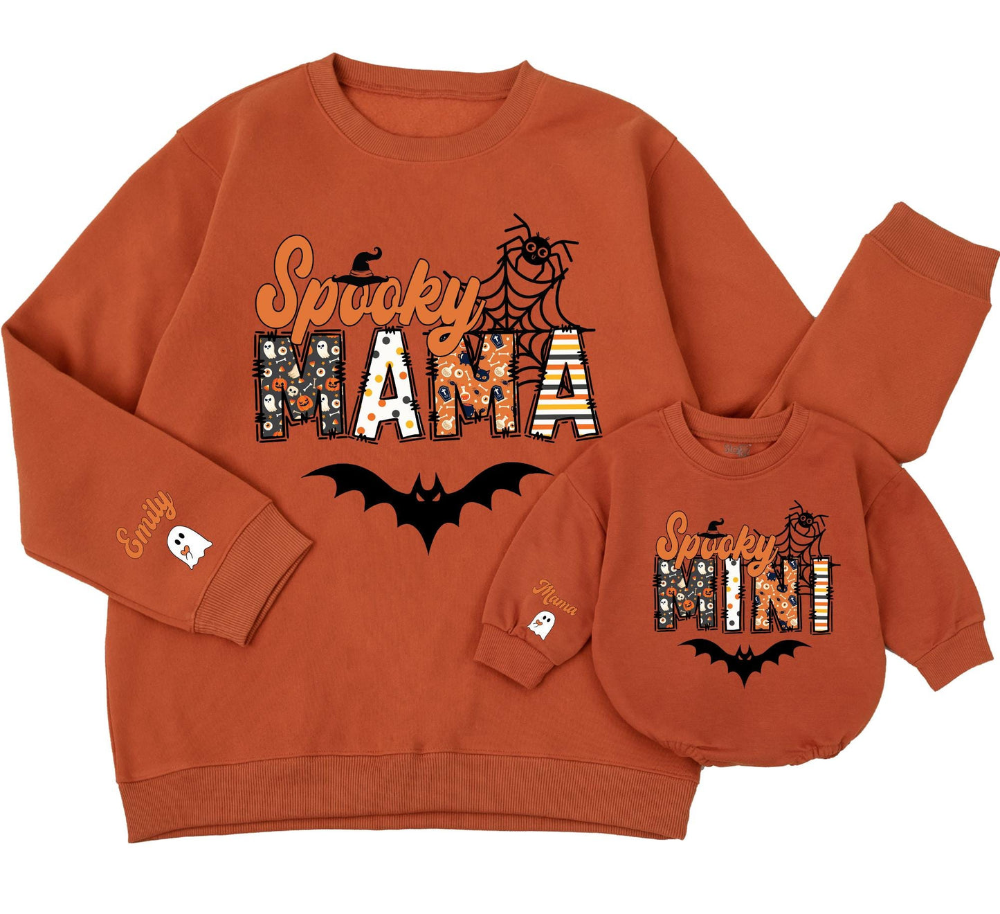 Custom Spooky Mama Mini Halloween Sweatshirt with Kids Name Ghost on Sleeve, Playful Halloween Patterns, Festive Mama Spooky Season Sweatshirt Gift