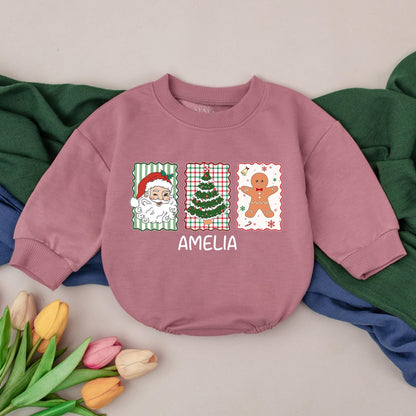 Personalized Retro Christmas Baby Romper, Winking Santa Outfit, Custom AMELIA Bodysuit, First Xmas Gift, Gingerbread Man Holiday Clothes 139chars
