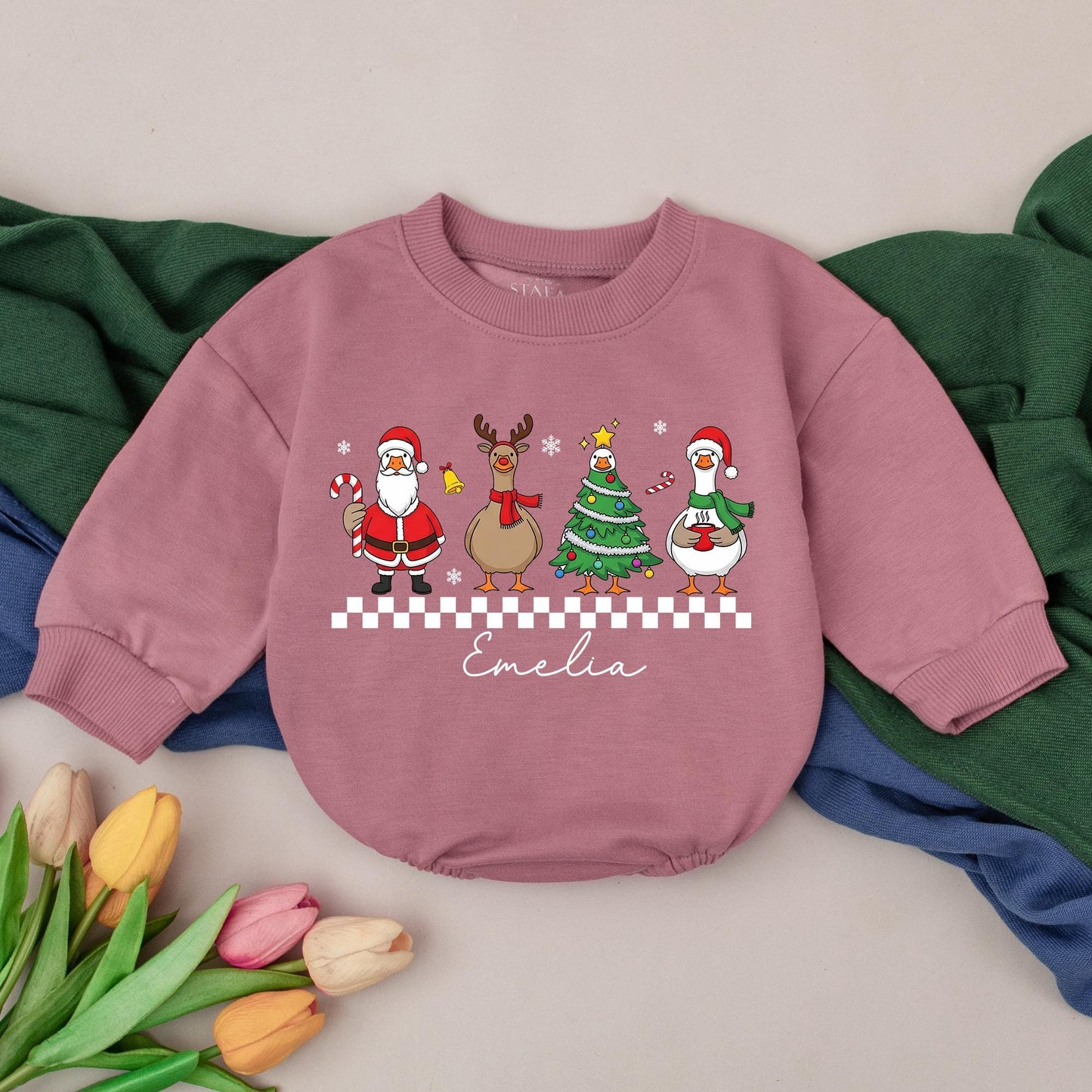 Personalized Christmas Goose Romper for Baby Girl, Cute Holiday Outfit with Cartoon Santa, Reindeer & Tree, Custom Name First Xmas Clothes (139 chars)