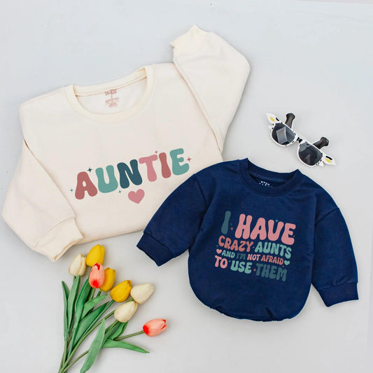 Retro Auntie & Crazy Aunts Matching Sweatshirt Set: Whimsical Aunt Nephew Gift for Baby Announcement & Shower, Pink Teal Navy Stars Hearts Design (139 chars)
