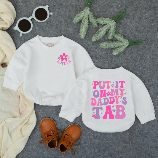 Personalized Daddy's Tab Romper Set: Floral Name Tee & Retro Fun Bodysuit, Baby Girl Father's Day Gift, Whimsical Newborn Outfit, Infant Clothes 139