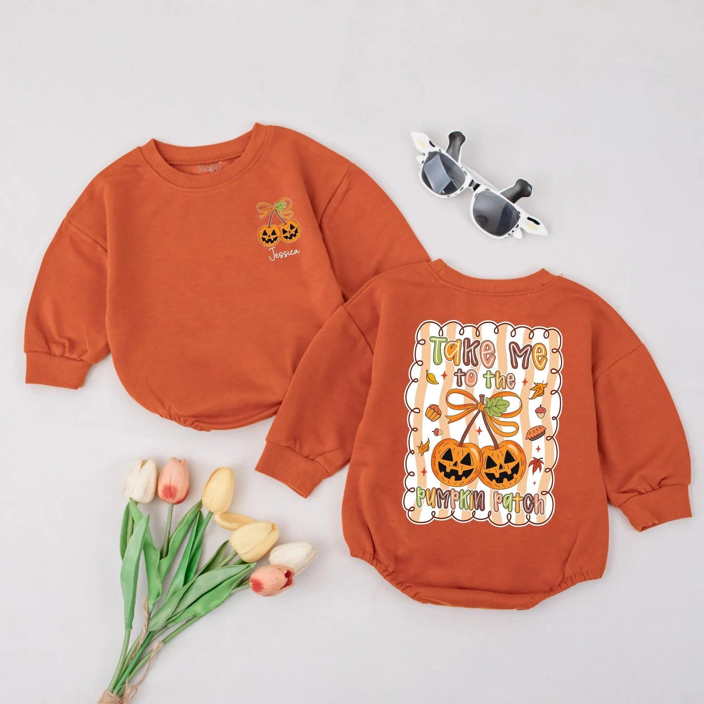 Personalized Pumpkin Cherries Bubble Romper Take Me to The Pumpkin Patch Fall Baby Outfit Whimsical Autumn Design Custom Name Baby Girl Clothes