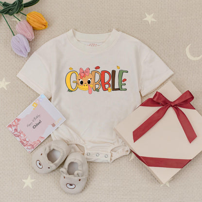 Matching Gobble Gobble Rompers for Thanksgiving Twins! Cute Turkey Day Baby Clothes with Blue Hat & Pink Bow, Fall Holiday Outfit (138 chars)