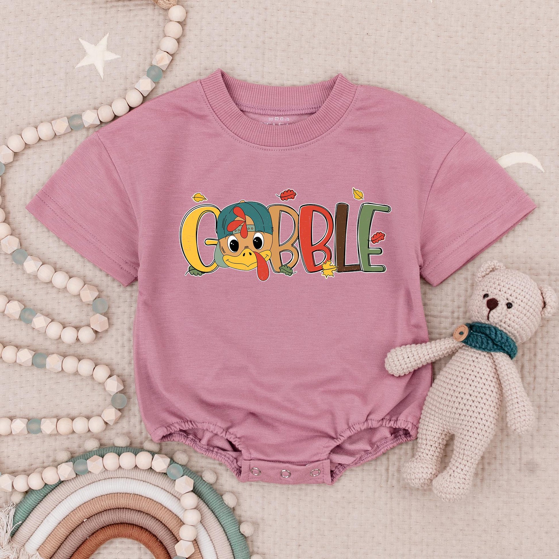 Matching Gobble Gobble Rompers for Thanksgiving Twins! Cute Turkey Day Baby Clothes with Blue Hat & Pink Bow, Fall Holiday Outfit (138 chars)