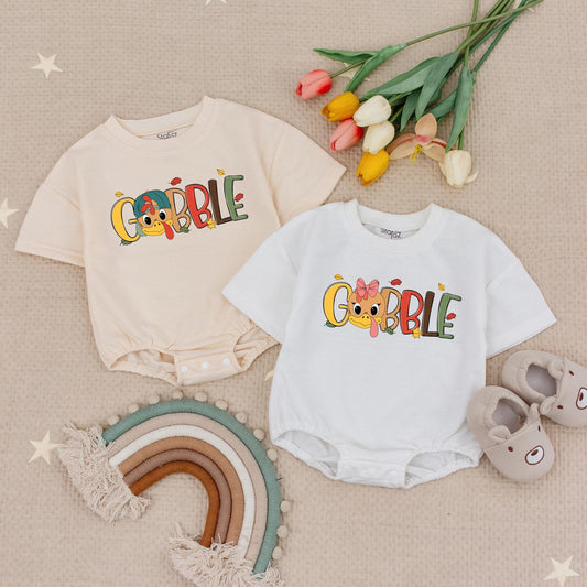 Matching Gobble Gobble Rompers for Thanksgiving Twins! Cute Turkey Day Baby Clothes with Blue Hat & Pink Bow, Fall Holiday Outfit (138 chars)