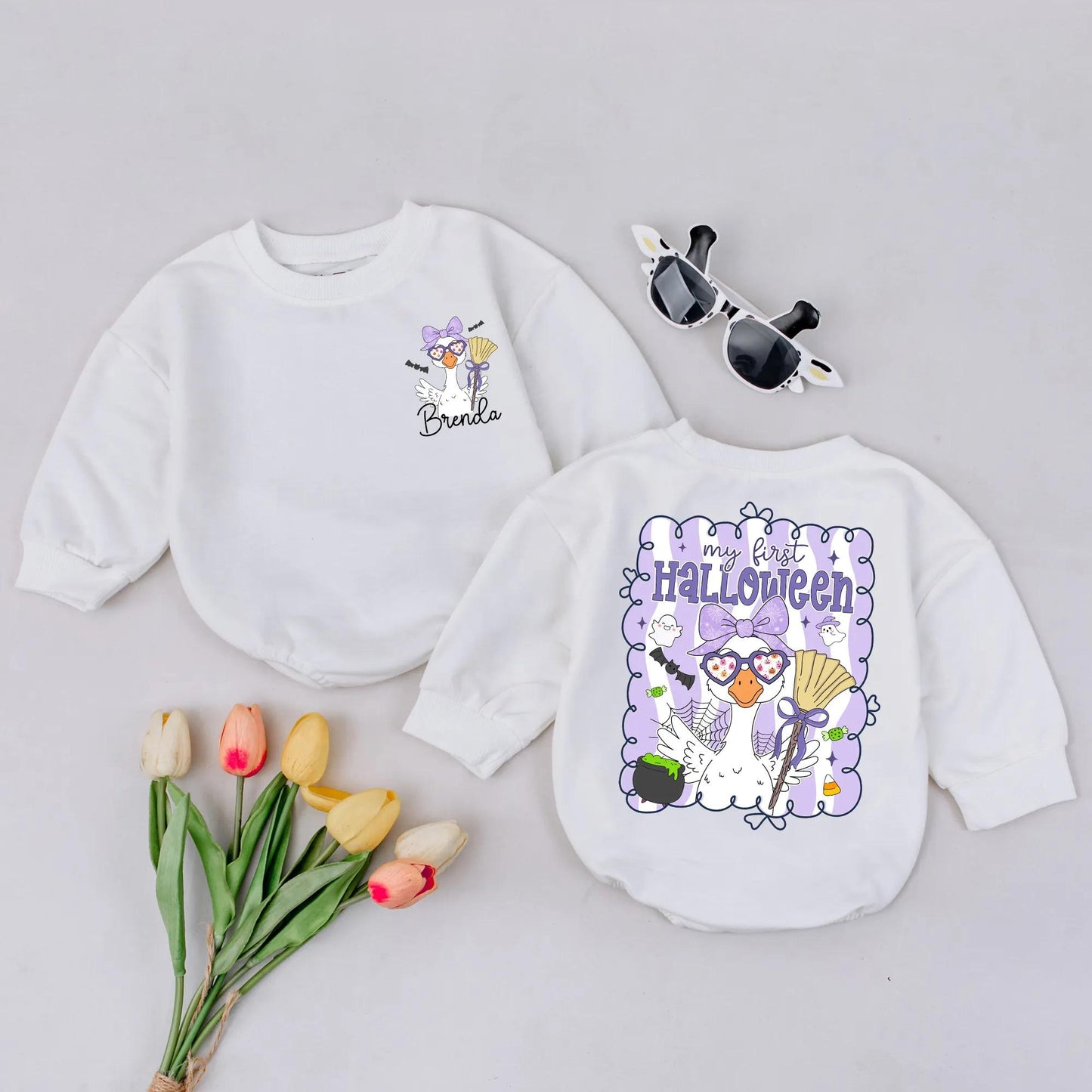 My First Halloween Goose Romper Cute Baby Girl Outfit Purple Bow Spooky Goose Custom Name Bodysuit Fall Gift