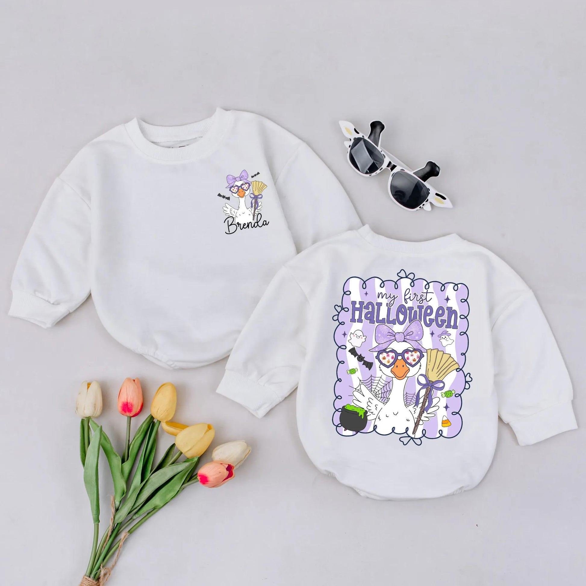 My First Halloween Goose Romper Cute Baby Girl Outfit Purple Bow Spooky Goose Custom Name Bodysuit Fall Gift