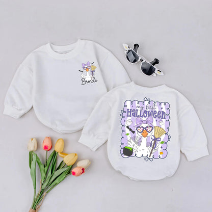 My First Halloween Goose Romper Cute Baby Girl Outfit Purple Bow Spooky Goose Custom Name Bodysuit Fall Gift