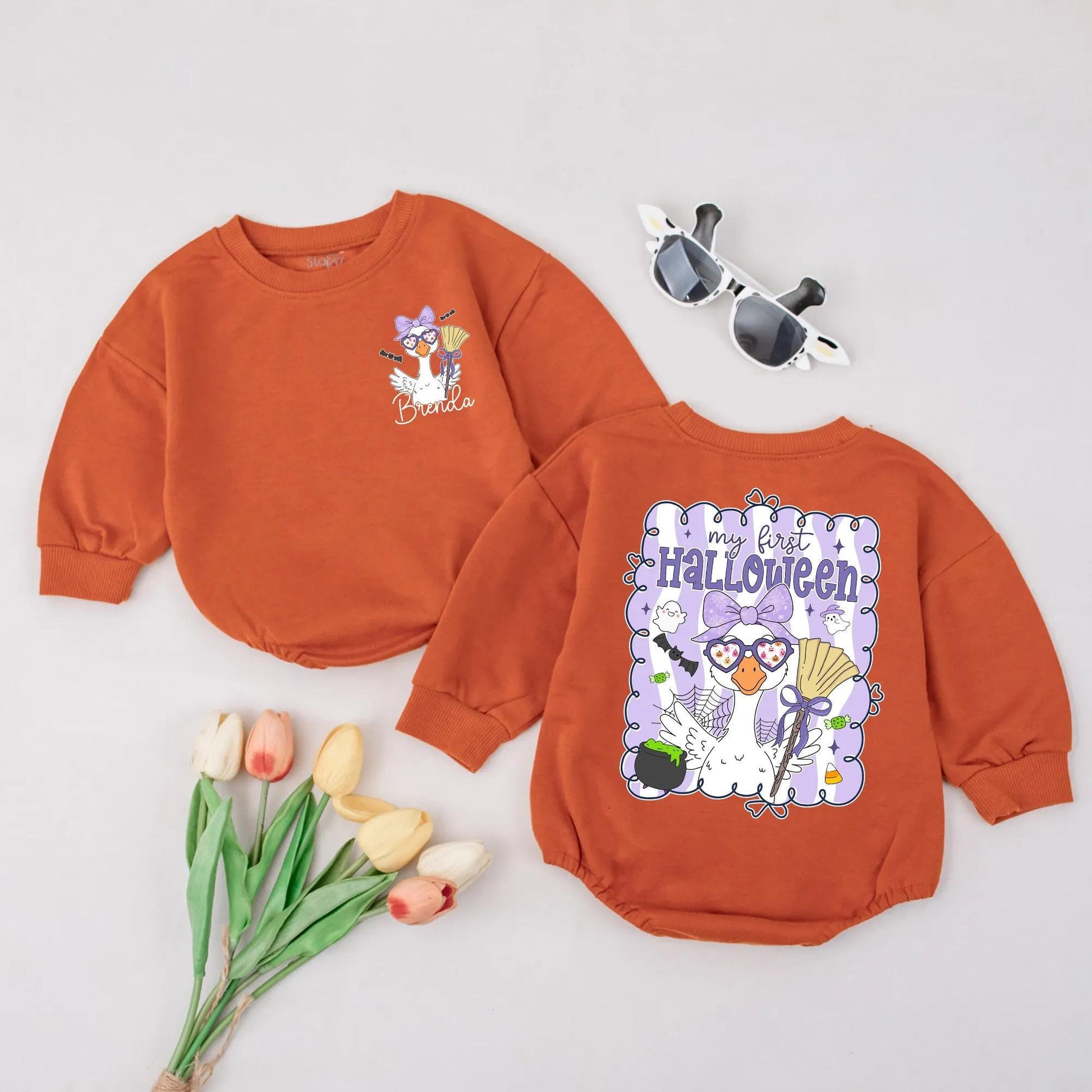 My First Halloween Goose Romper Cute Baby Girl Outfit Purple Bow Spooky Goose Custom Name Bodysuit Fall Gift