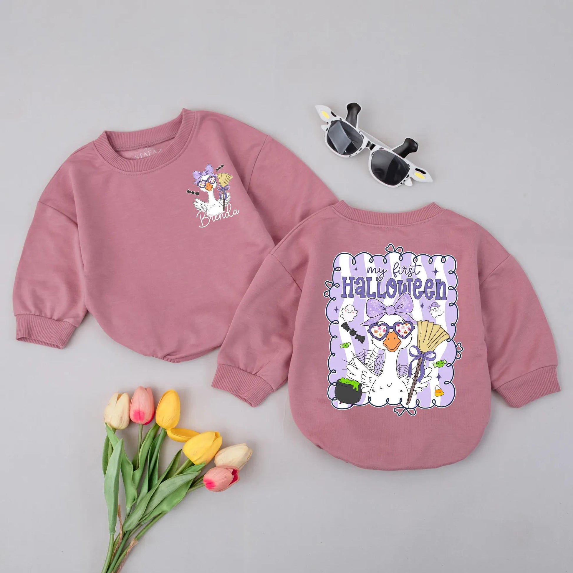 My First Halloween Goose Romper Cute Baby Girl Outfit Purple Bow Spooky Goose Custom Name Bodysuit Fall Gift