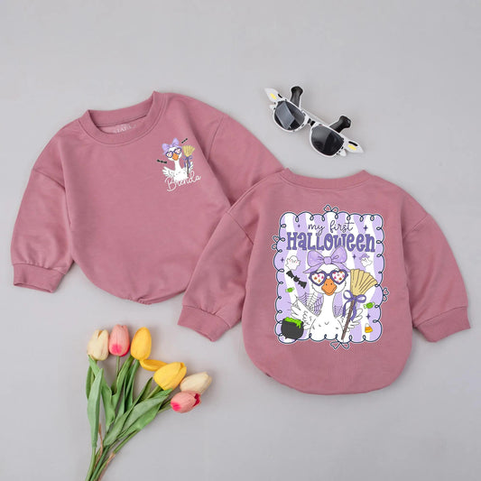 My First Halloween Goose Romper Cute Baby Girl Outfit Purple Bow Spooky Goose Custom Name Bodysuit Fall Gift