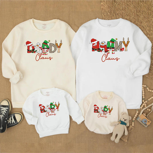 Matching Family Christmas Claus Shirts with Festive Character Letter Designs like Santa Elf Reindeer for Daddy Mommy Baby, Fun Holiday Sweatshirt Outfit