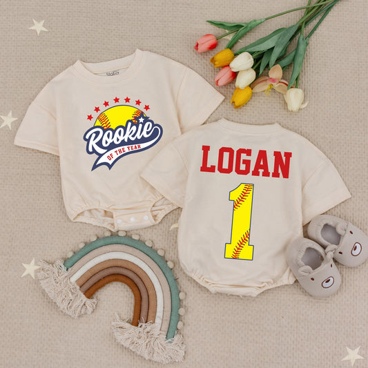Rookie of the Year Softball Baby Romper Custom Script & Block Letter Design Red Stars Navy Swoosh 1st Birthday Gameday Outfit