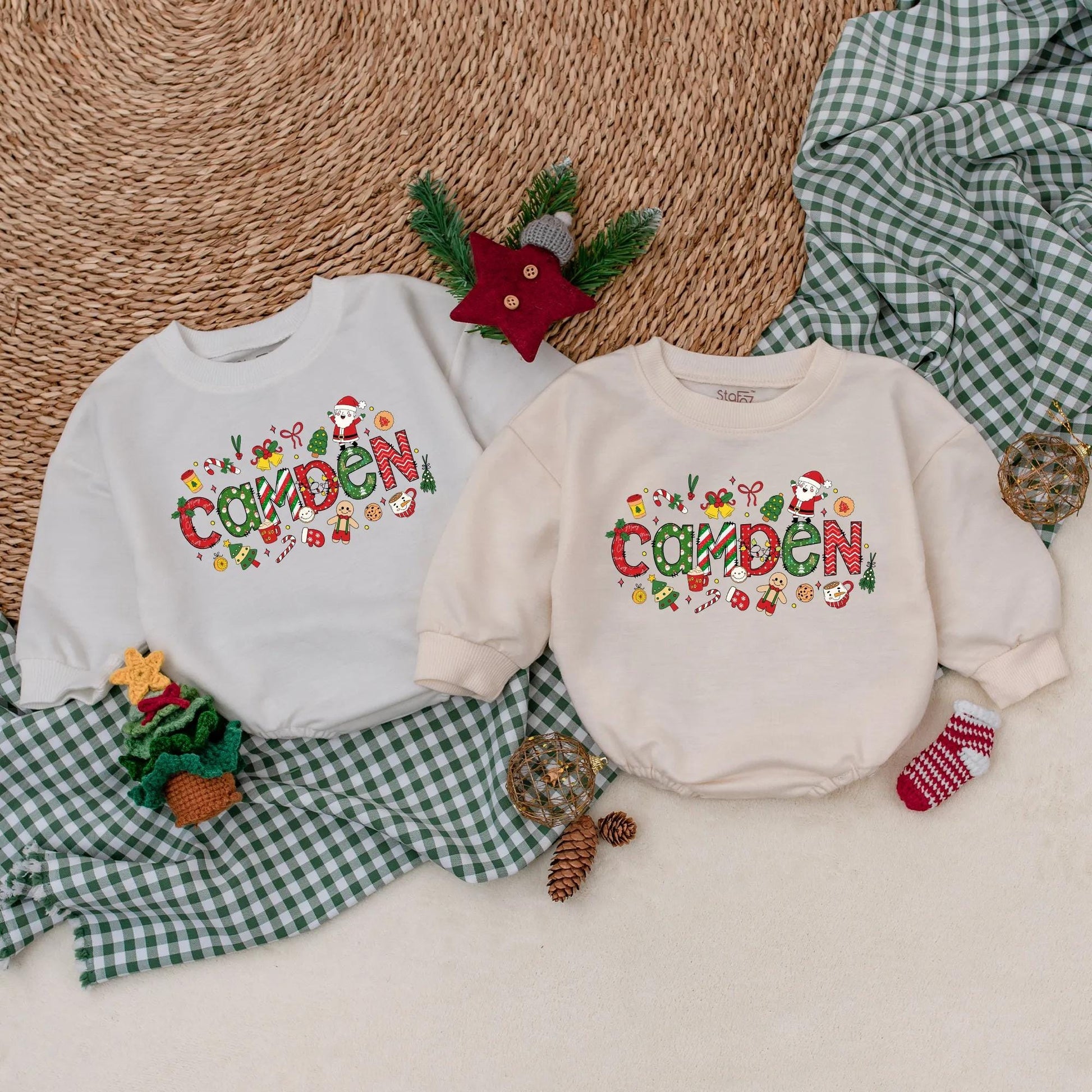 Personalized Baby Boy Christmas Romper My 1st Christmas Holiday Bodysuit Whimsical Festive Design with Santa Candy Canes Trees Ornaments