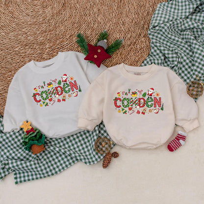 Personalized Baby Boy Christmas Romper My 1st Christmas Holiday Bodysuit Whimsical Festive Design with Santa Candy Canes Trees Ornaments