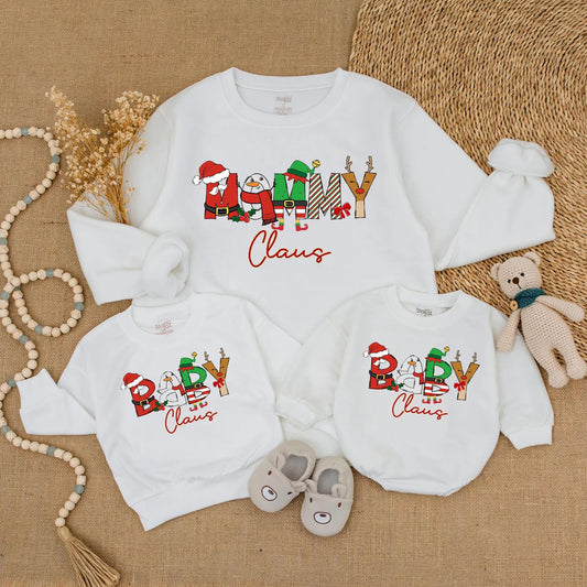 Family Matching Christmas Claus Crew Sweatshirts Tees with Custom Baby Outfit Festive Holiday Character Artwork Whimsical Vibrant Design