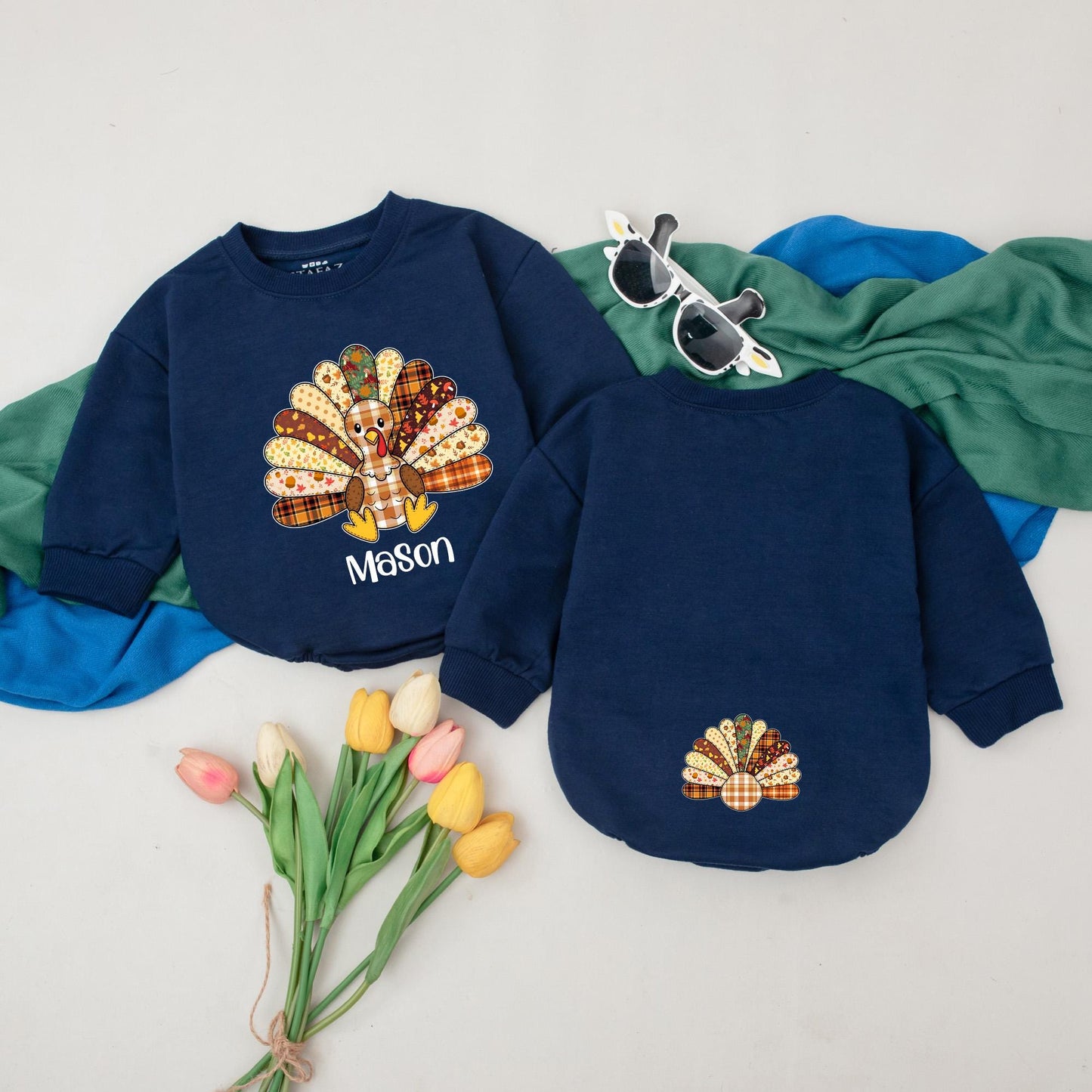 Personalized Name Patchwork Turkey Romper Cute Fall Thanksgiving Outfit Little Baby Shower Gift Homespun Autumnal Style