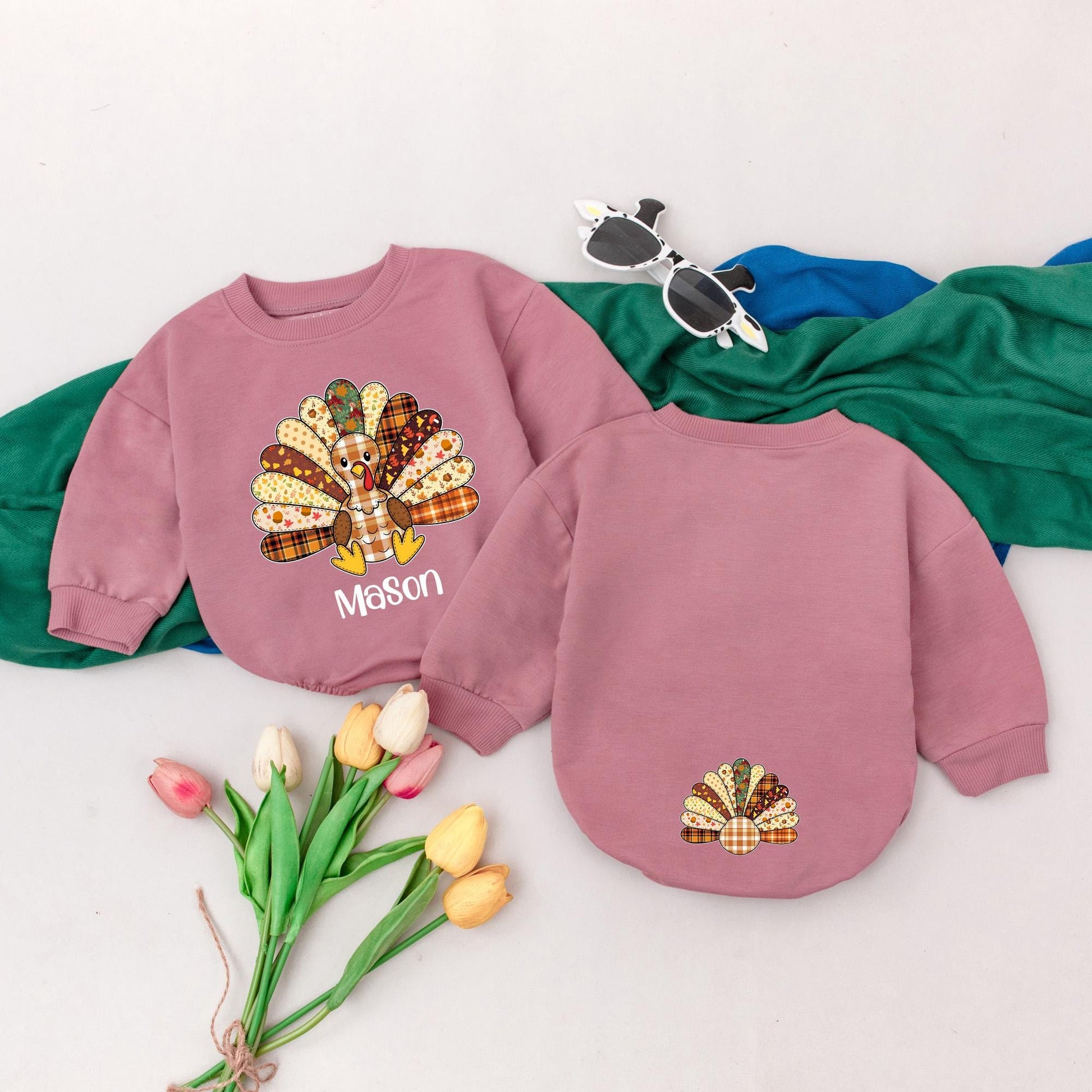 Personalized Name Patchwork Turkey Romper Cute Fall Thanksgiving Outfit Little Baby Shower Gift Homespun Autumnal Style