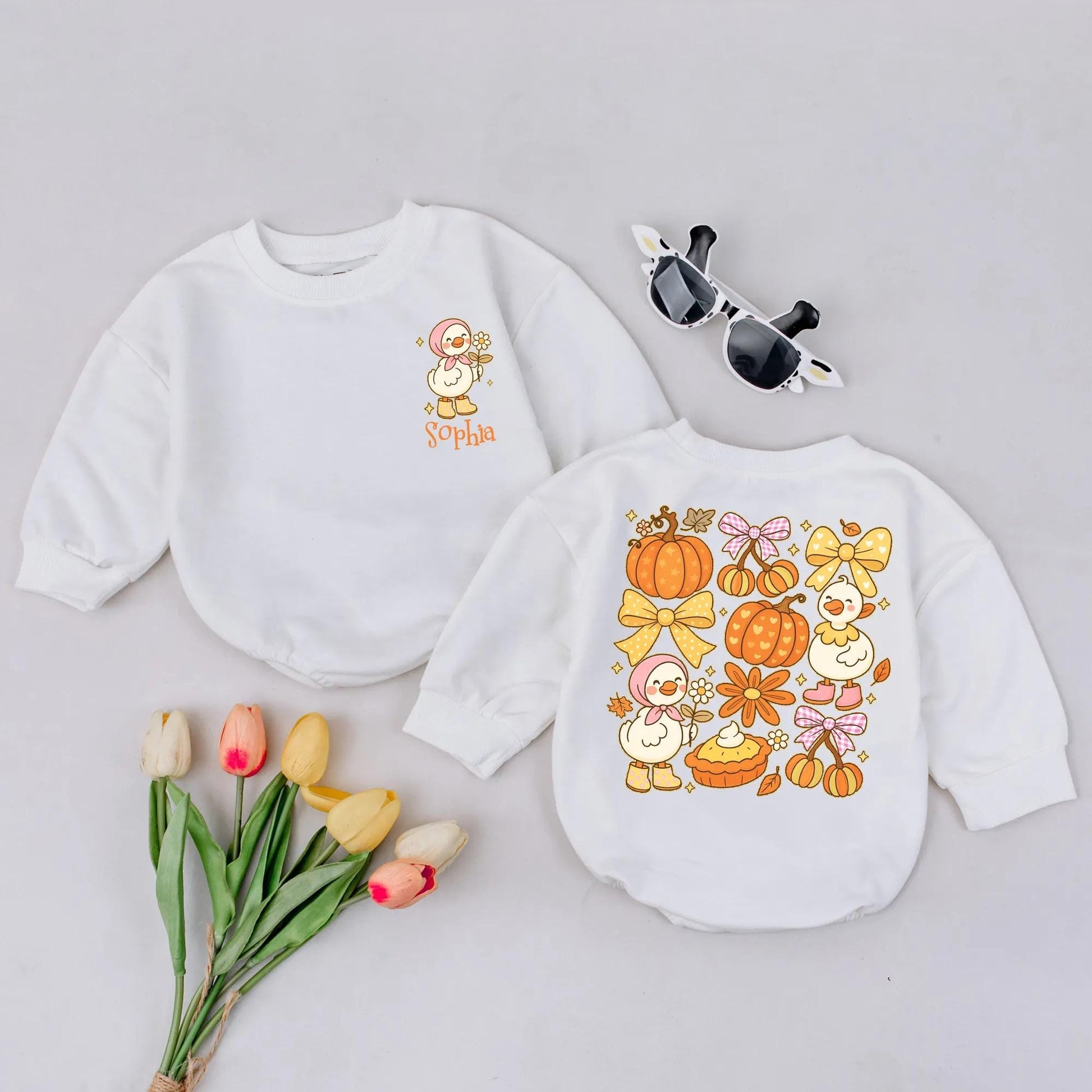 Custom Name Sophia Fall Goose Baby Romper Preppy Pumpkin Thanksgiving Outfit Playful Pink Bow Yellow Star Infant Bodysuit Cozy Newborn Shower Gift