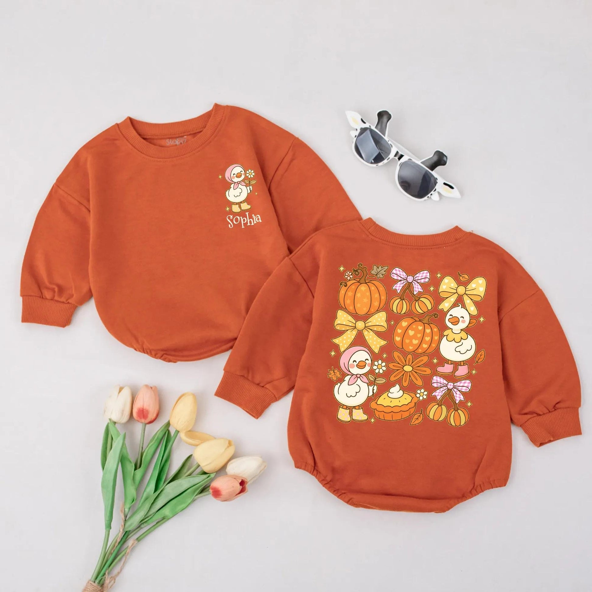 Custom Name Sophia Fall Goose Baby Romper Preppy Pumpkin Thanksgiving Outfit Playful Pink Bow Yellow Star Infant Bodysuit Cozy Newborn Shower Gift