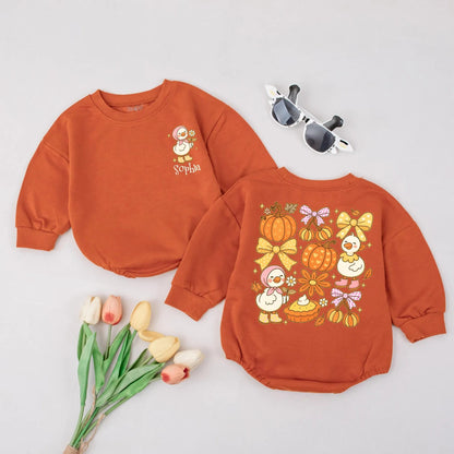 Custom Name Sophia Fall Goose Baby Romper Preppy Pumpkin Thanksgiving Outfit Playful Pink Bow Yellow Star Infant Bodysuit Cozy Newborn Shower Gift