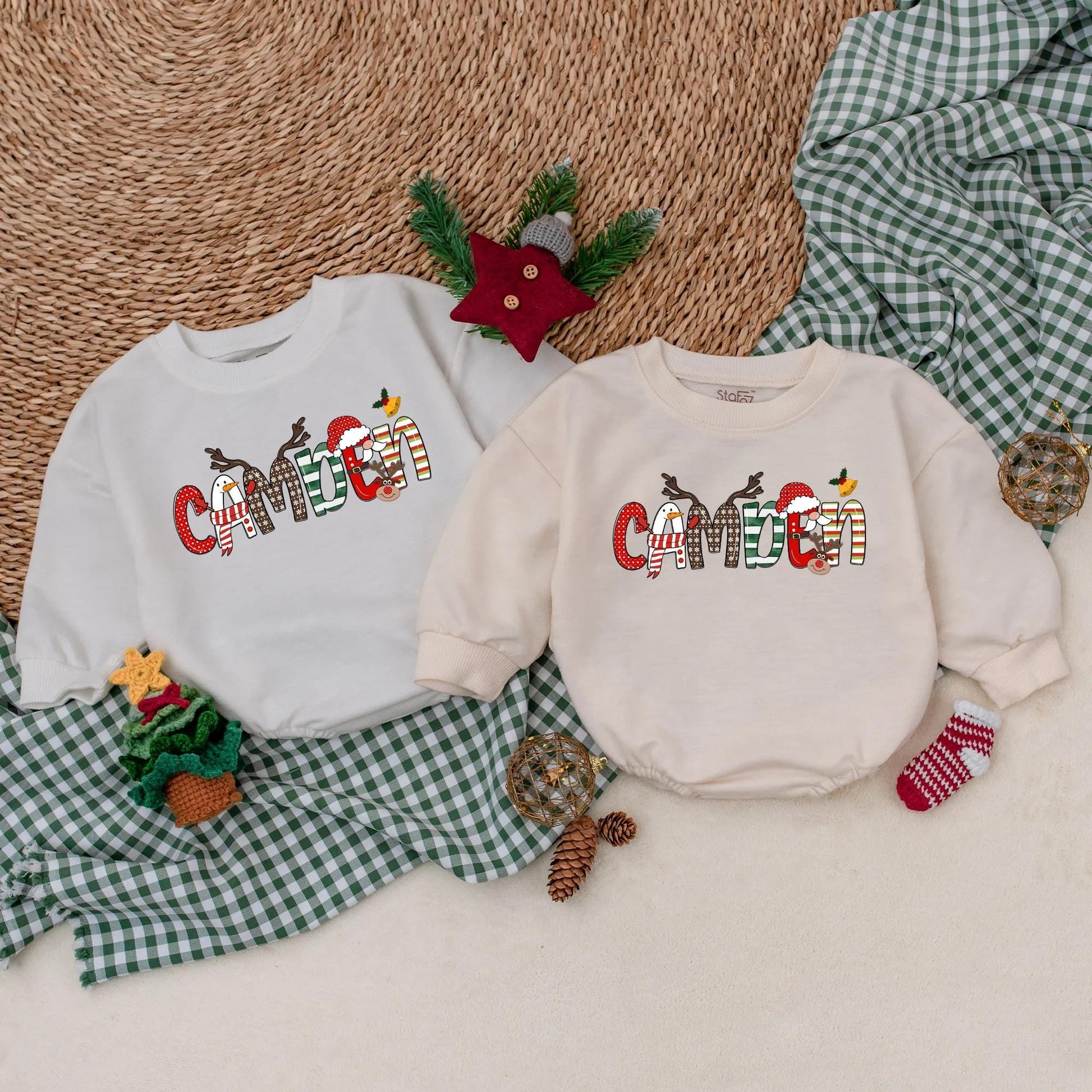 Custom Camden Christmas Romper Outfit Baby Boy My First Christmas Bodysuit Holiday Toddler Sweatshirt Winter Gift Personalized Name Festive Xmas Clothes