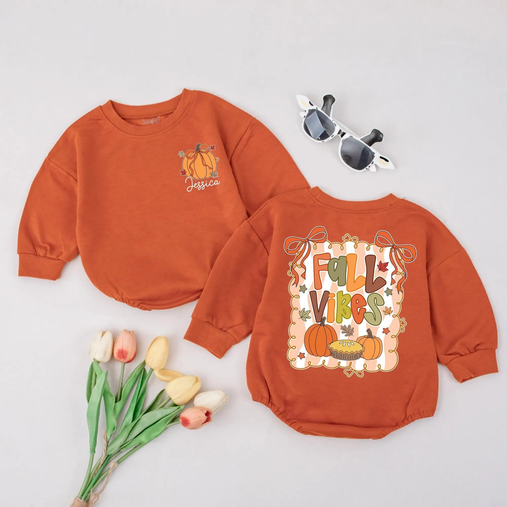 Personalized Fall Vibes Baby Girl Romper, Pumpkin & Bow Newborn Outfit, Custom Thanksgiving Bodysuit, 'Jessica' Fall Leaves Design, Baby Shower Gift