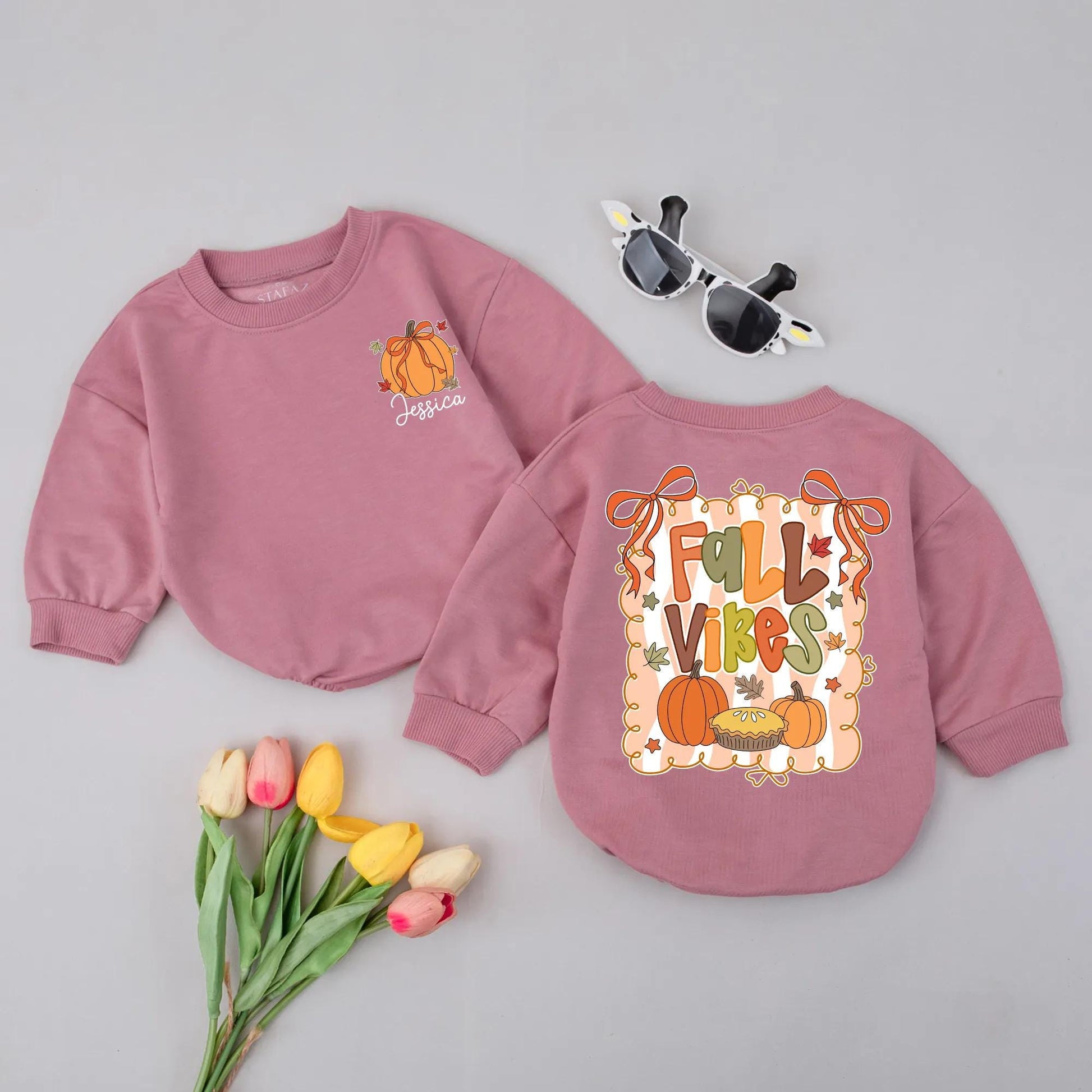 Personalized Fall Vibes Baby Girl Romper, Pumpkin & Bow Newborn Outfit, Custom Thanksgiving Bodysuit, 'Jessica' Fall Leaves Design, Baby Shower Gift