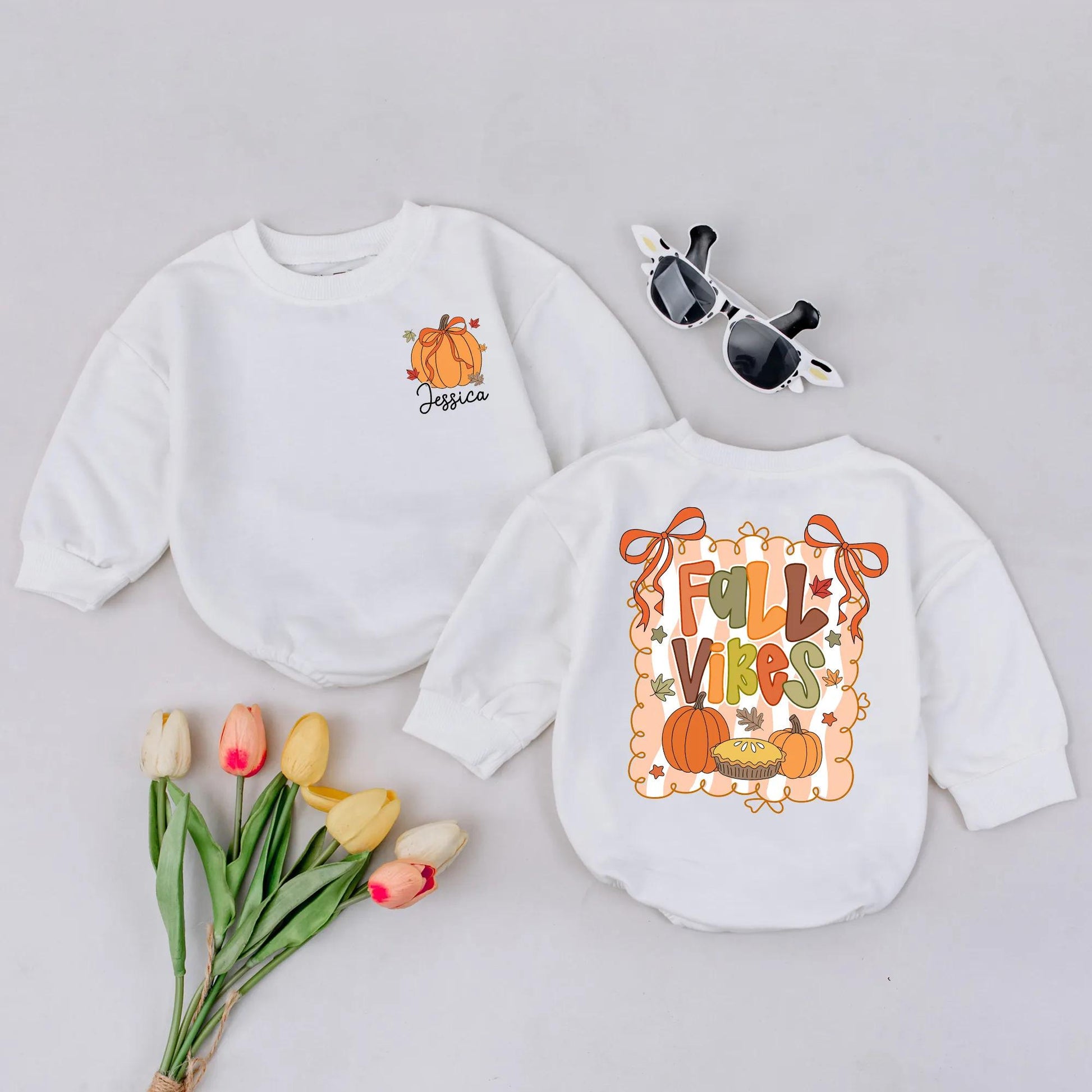 Personalized Fall Vibes Baby Girl Romper, Pumpkin & Bow Newborn Outfit, Custom Thanksgiving Bodysuit, 'Jessica' Fall Leaves Design, Baby Shower Gift
