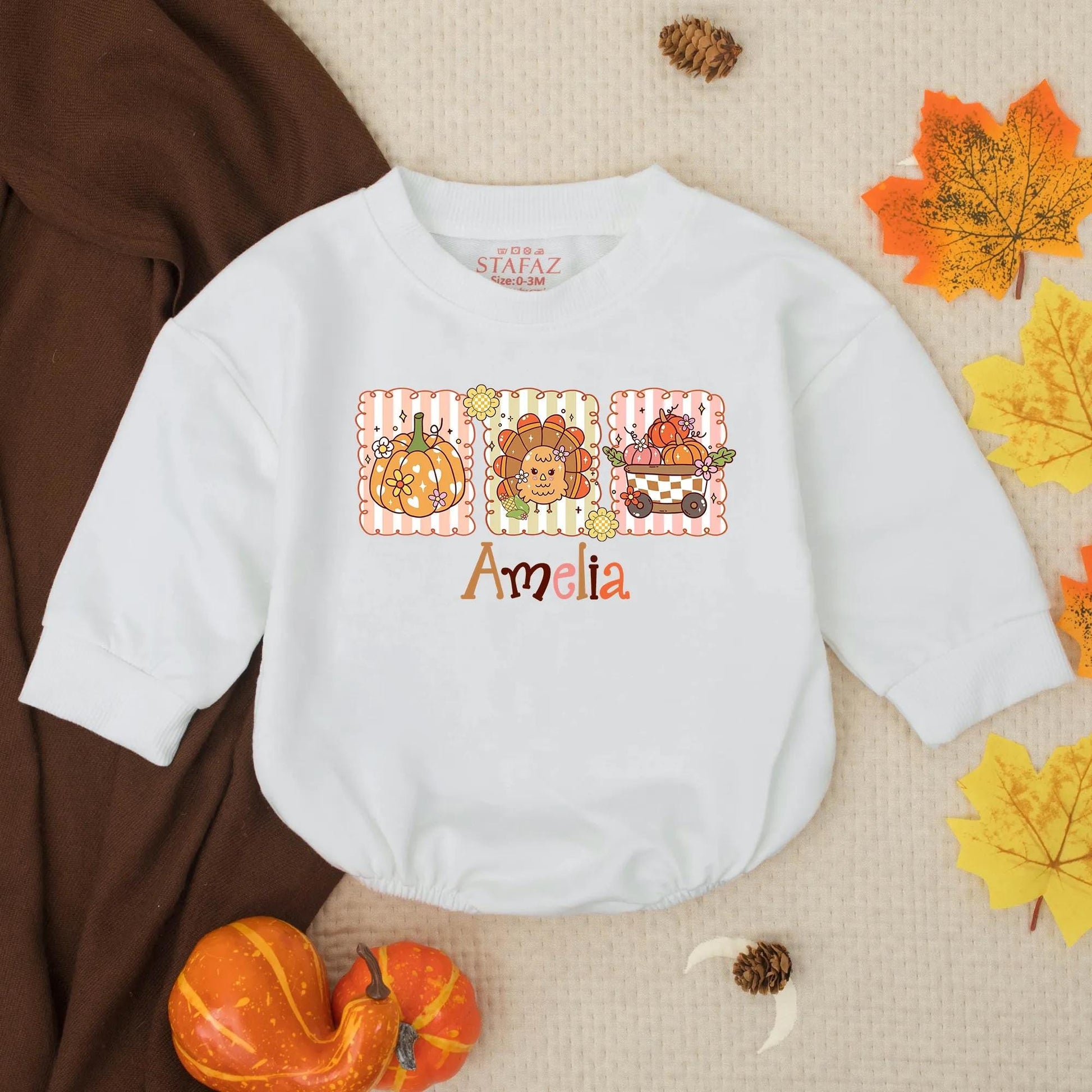 Custom Preppy Fall Girl Bubble Romper Personalized with Name, Whimsical Scalloped Vignette Pumpkin Turkey Thanksgiving Autumn Outfit