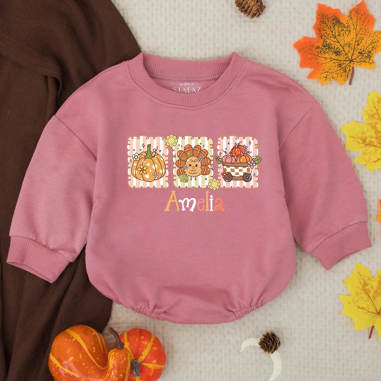 Custom Preppy Fall Girl Bubble Romper Personalized with Name, Whimsical Scalloped Vignette Pumpkin Turkey Thanksgiving Autumn Outfit