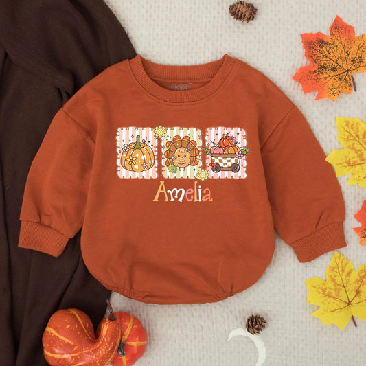 Custom Preppy Fall Girl Bubble Romper Personalized with Name, Whimsical Scalloped Vignette Pumpkin Turkey Thanksgiving Autumn Outfit