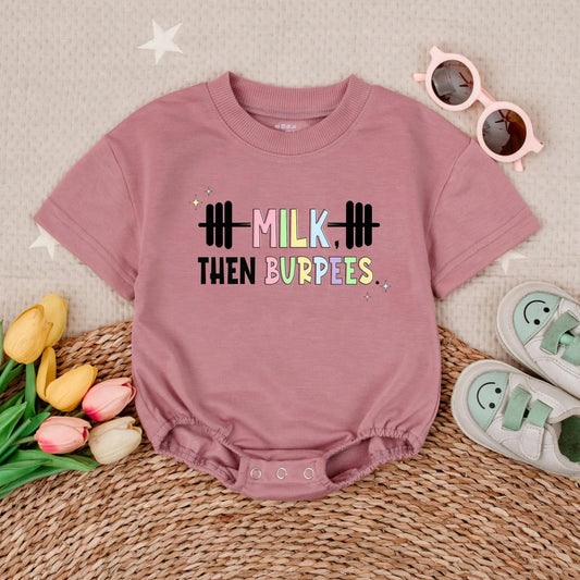 Milk Then Burpees Baby Romper with Rainbow Milk & Sparkles Cute Gym Outfit for Newborns, Active Baby Shower Gift
