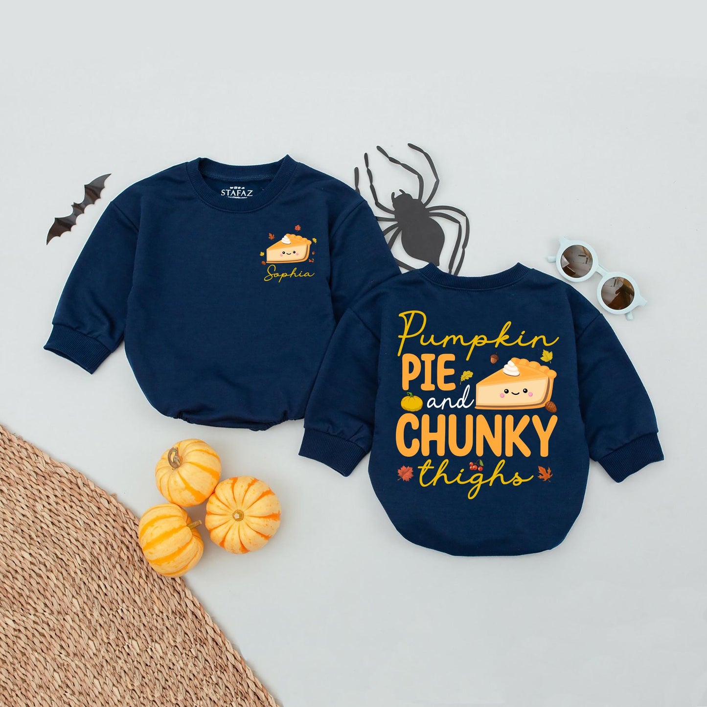 Personalized Pumpkin Pie & Chunky Thighs Romper Baby Girl Outfit, Custom Name Cute Fall Thanksgiving Outfit, Funny Newborn Clothes 1st Thanksgiving (137 chars)