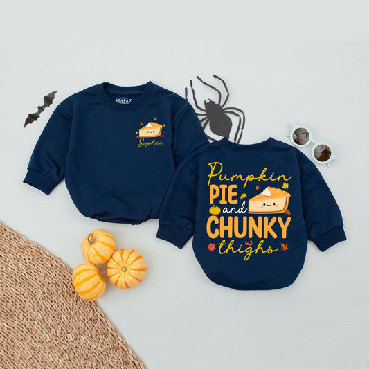 Personalized Pumpkin Pie & Chunky Thighs Romper Baby Girl Outfit, Custom Name Cute Fall Thanksgiving Outfit, Funny Newborn Clothes 1st Thanksgiving (137 chars)