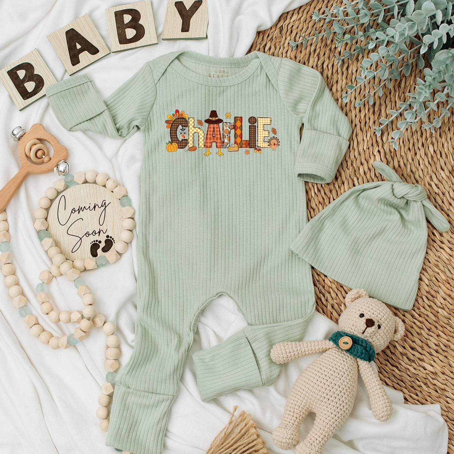 Charlie's First Thanksgiving Baby Bodysuit Little Turkey Pumpkin Patch Fall Newborn Outfit Custom Name Autumn Baby Clothes