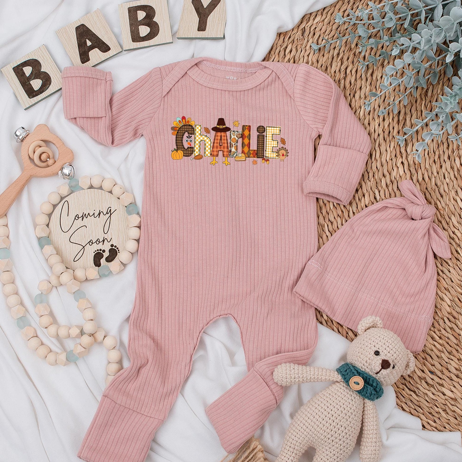 Charlie's First Thanksgiving Baby Bodysuit Little Turkey Pumpkin Patch Fall Newborn Outfit Custom Name Autumn Baby Clothes