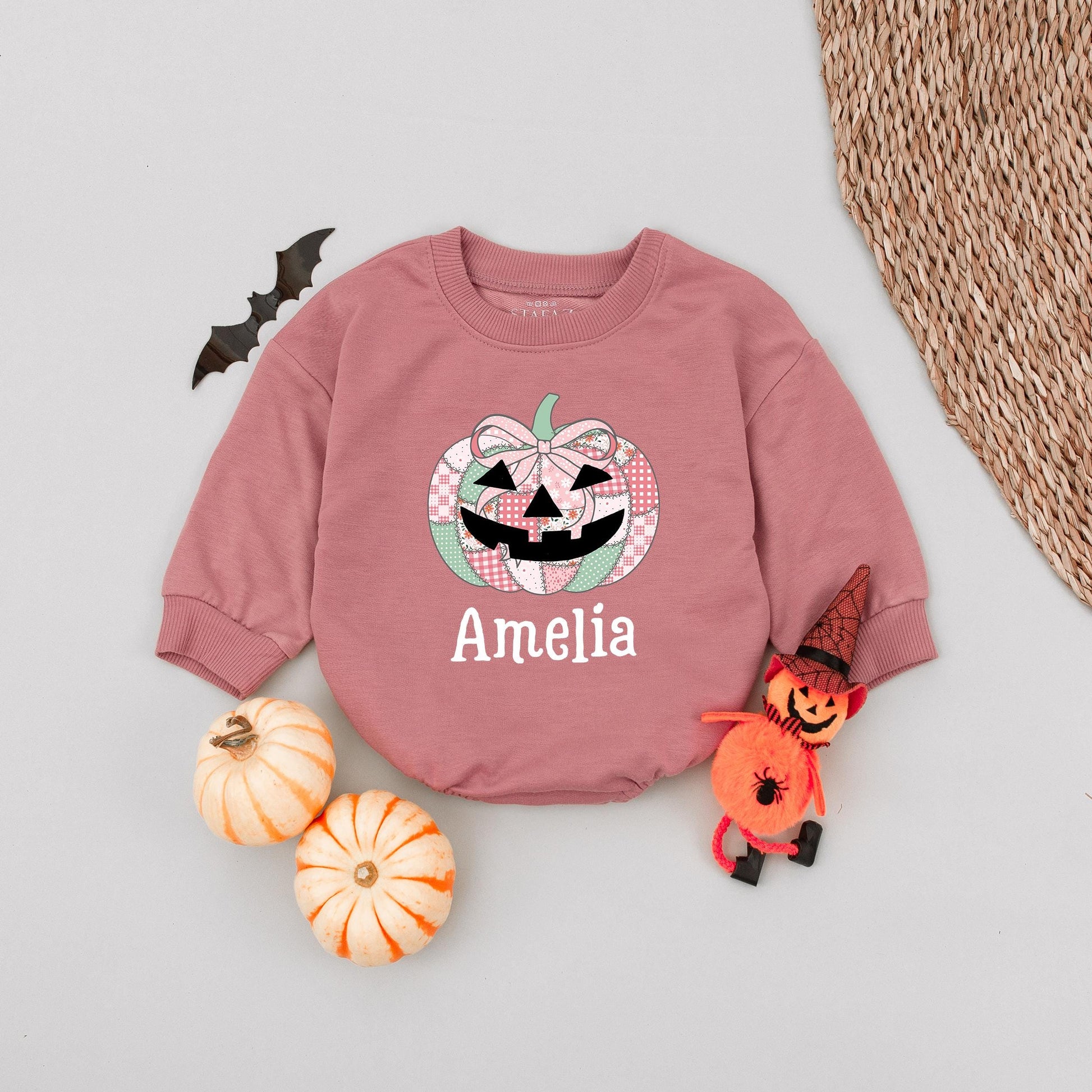 Amelia's Fall Pumpkin Baby Romper Personalized Name Girl Bodysuit Autumn Floral Patchwork Design First Halloween Outfit Newborn Gift