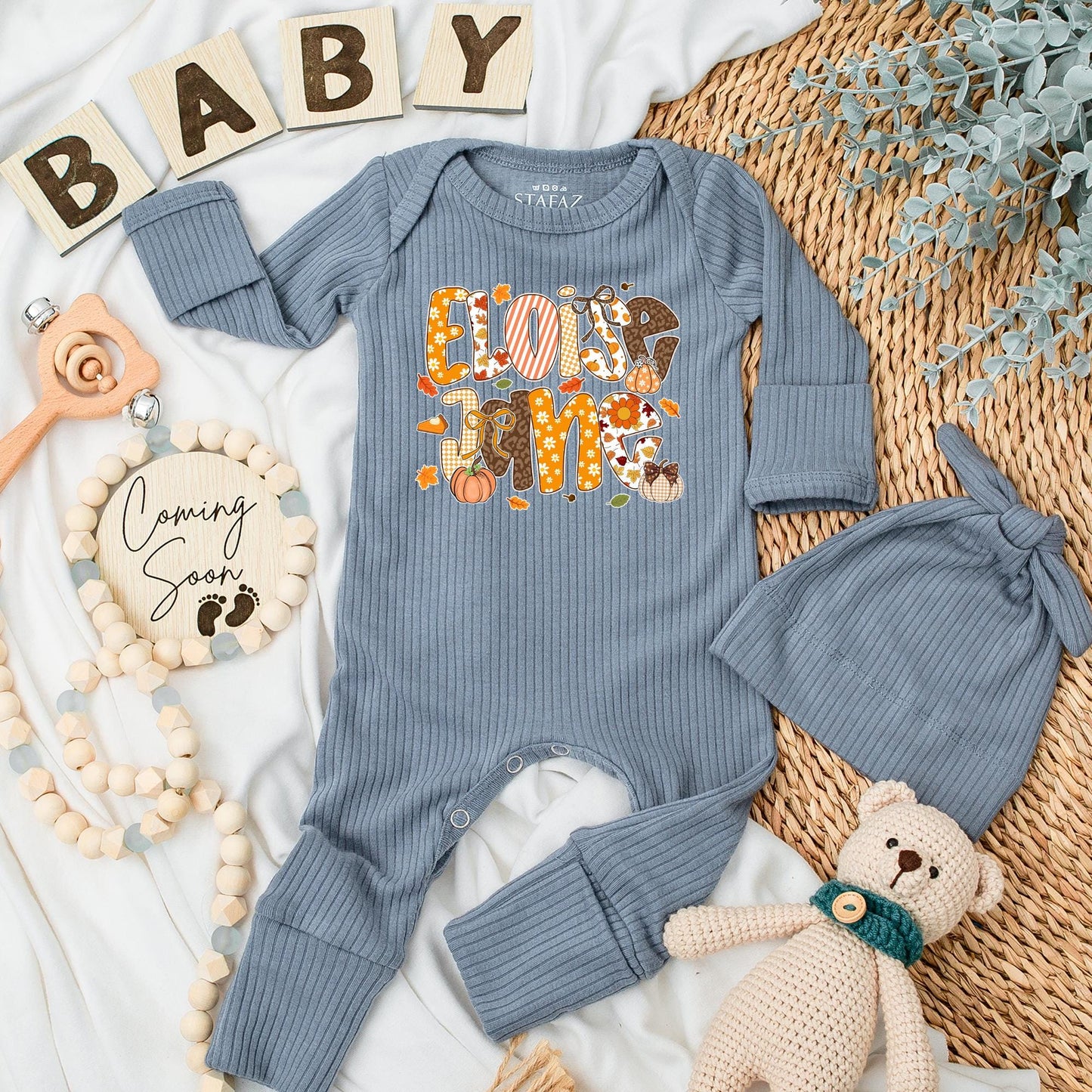 Custom Patchwork Name Baby Bodysuit Warm Fall Autumn Newborn Clothes My First Thanksgiving Pumpkin Season Baby Shower Gift Coming Home Outfit