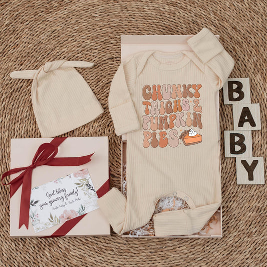 Chunky Thighs & Pumpkin Pies Baby Bodysuit, Retro Fall Autumn Newborn Outfit, Warm Festive Pumpkin Pie Thanksgiving Baby Shower Gift Idea