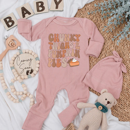 Chunky Thighs & Pumpkin Pies Baby Bodysuit, Retro Fall Autumn Newborn Outfit, Warm Festive Pumpkin Pie Thanksgiving Baby Shower Gift Idea