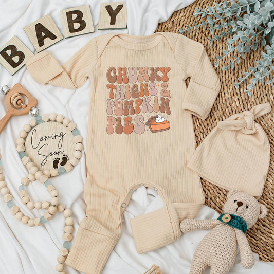Chunky Thighs & Pumpkin Pies Baby Bodysuit, Retro Fall Autumn Newborn Outfit, Warm Festive Pumpkin Pie Thanksgiving Baby Shower Gift Idea