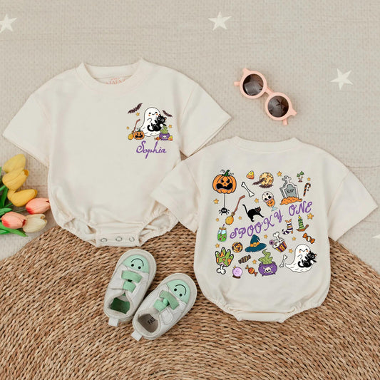 Personalized My First Halloween Baby Bubble Romper Spooky One Cartoon Ghost Cat Pumpkin Bat Festive Infant Outfit