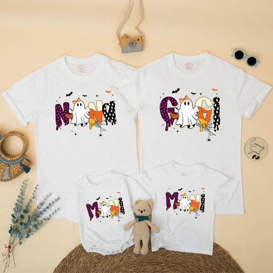 Spooky Mama and Mini Matching Halloween Shirts, Gooey Polka Dot Letters & Ghost, Mommy and Me Outfits, Cute Festive Family Spooky Season Outfit Gift (139 chars)